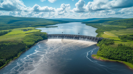 Hydropower dam spanning a river valley, providing clean energy to surrounding communities.の素材