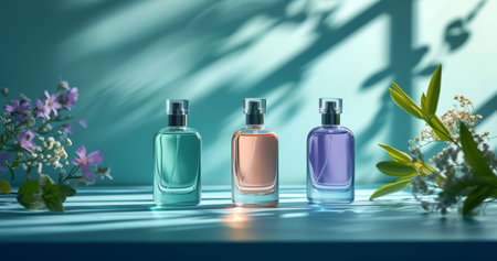 three bottles of perfume on a blue surface.の素材