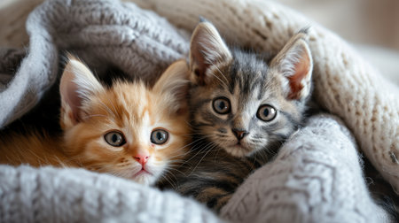 Playful kittens cuddled up in a cozy bed, their innocent eyes glamping with curiosity.の素材