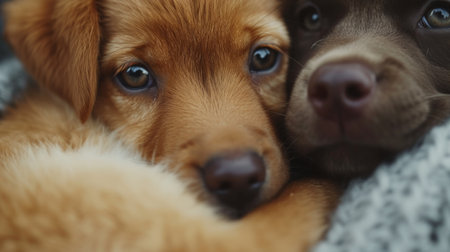 A tender connection is felt as the puppies lock eyes with the camera,.の素材