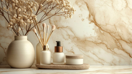 Clean and sophisticated background showing cosmetics with minimalist design elements and a touch of elegance.の素材