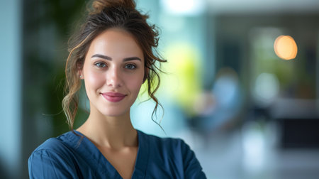 Her empathetic gaze conveys care and understanding, assuring patrons of her commitment to their well-being.の素材