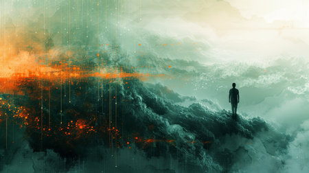 Within the digital wilderness, the hacker navigates effortlessly, blending with the abstract landscape..の素材