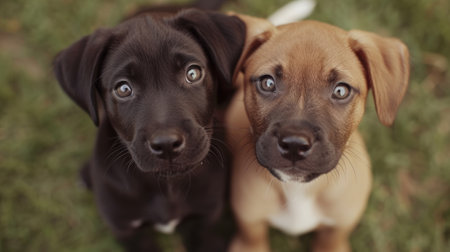 Two adorable puppies gaze curiously into the camera, their eyes full of innocence and wonder.の素材