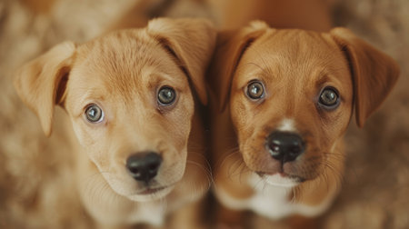 Two adorable puppies gaze curiously into the camera, their eyes full of innocence and wonder.の素材