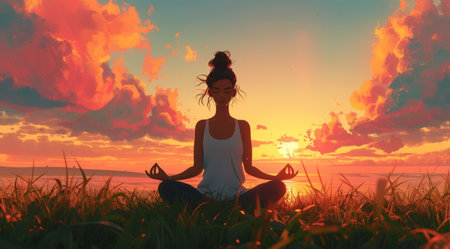 a woman sits in a lotus meditating in the grass.の素材