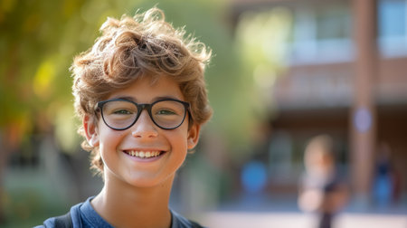 The young student's infectious smile lights up the frame, exuding positivity and happiness.の素材