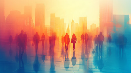 Abstract city skyline silhouettes against a gradient backdrop symbolize the urban hustle.の素材