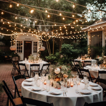 A beautiful outdoor garden party complete with fairy lights and floral centerpieces.の素材