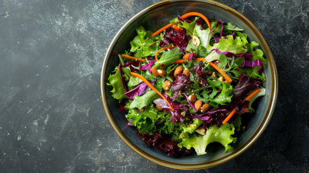 A bowl of vibrant salad greens, tossed with tangy vinaigrette and topped with crunchy nuts and seeds.の素材