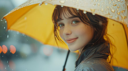 a beautiful girl stands under a yellow umbrella in the rain and looks at the camera smiling large copyspace area.の素材