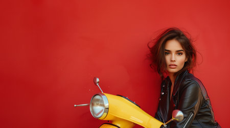 Young beautiful girl in a scooter black leather jacket with a yellow on a red backgroundの素材