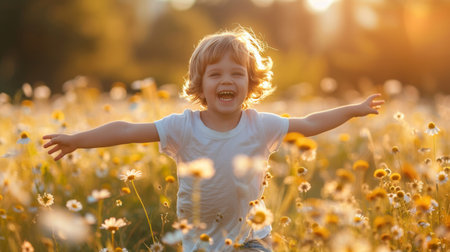 A child running through a field with outstretched arms, a beaming smile lighting up their face with pure delight.の素材