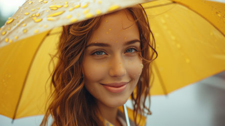 a beautiful girl stands under a yellow umbrella in the rain and looks at the camera smiling large copyspace area.の素材