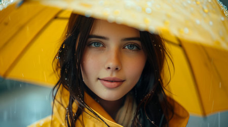 a beautiful girl stands under a yellow umbrella in the rain and looks at the camera smiling large copyspace area.の素材