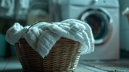 basket of towels and laundry in front of washing machine.の素材