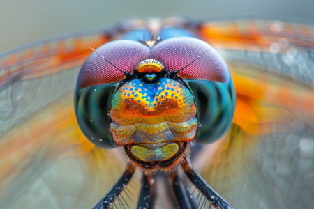 A detailed image of a dragonfly's compound eyes, capturing its mesmerizing iridescence and multifaceted structure.の素材