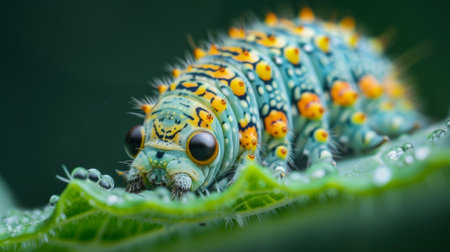 A macro shot of a caterpillar munching on a leaf, highlighting its textured skin and voracious appetite.の素材