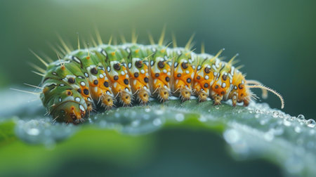 A macro shot of a caterpillar munching on a leaf, highlighting its textured skin and voracious appetite.の素材