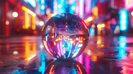 a glass sphere on the table reflecting bright multi-colored lights.の素材