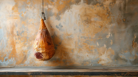 a large piece of jamon hanging on a rustic kitchen large copyspace area, offcenter composition.の素材