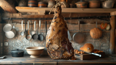 a large piece of jamon hanging on a rustic kitchen large copyspace area.の素材
