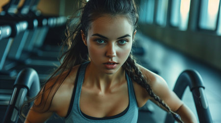 A focused young woman in athletic attire is running on a treadmill in a contemporary gym.の素材