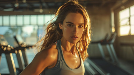 A focused young woman in athletic attire is running on a treadmill in a contemporary gym.の素材