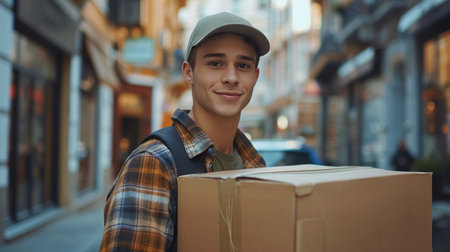 A young guy, a loader, is carrying a large cardboard box in his hands.の素材