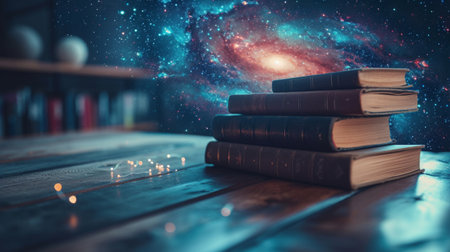 A stack of books on physics and mathematics, the foundation of understanding the universe.の素材