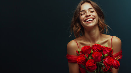 (Multiple meanings)A young beautiful woman in a chic red dress holds a bouquet of roses in her hands while standing on a black.の素材