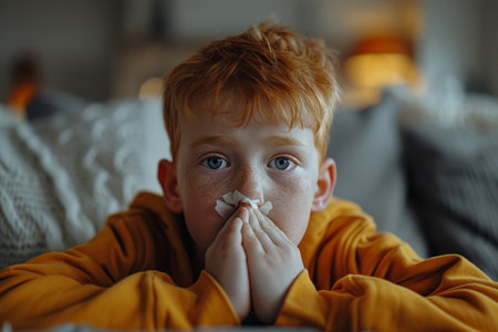 a young boy blowing his nose on a sofa.の素材