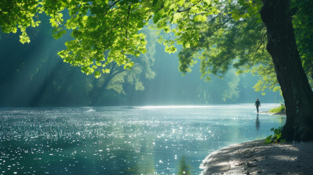 A tranquil riverside scene, with a person strolling along the bank against a backdrop of shimmering waters.の素材