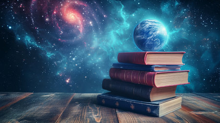 A stack of books on physics and mathematics, the foundation of understanding the universe.の素材