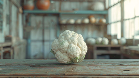 A solitary cauliflower rests on a rustic wooden table, dominating the frame.の素材