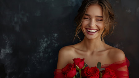 (Multiple meanings)A young beautiful woman in a chic red dress holds a bouquet of roses in her hands while standing on a black.の素材