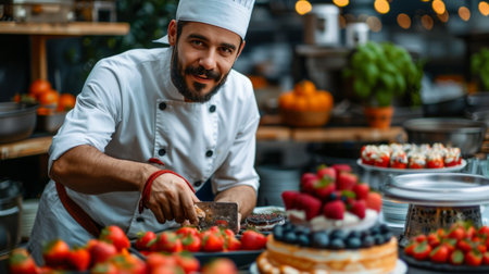 Chef preparing a cake in a makeshift kitchen on a television show large copyspace area.の素材