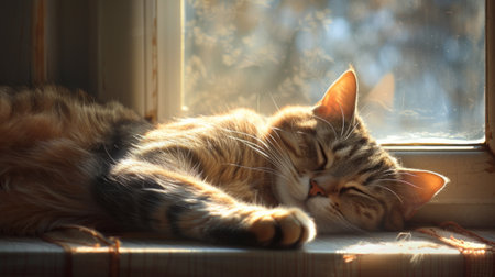 sleek feline sprawled lazily on a sunlit window sill, eyes half-closed in contentment.の素材