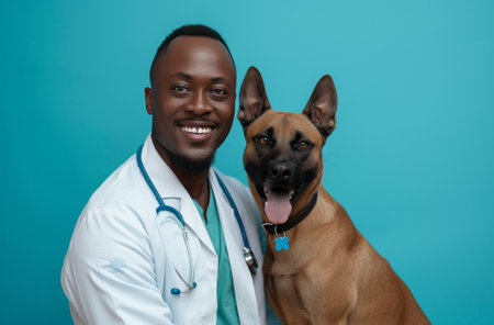 doctor poses with a dog in front of a blue background.の素材