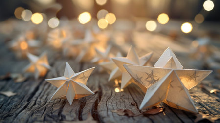 Capture the artistry of origami. delicate paper stars adorn a wooden table.の素材
