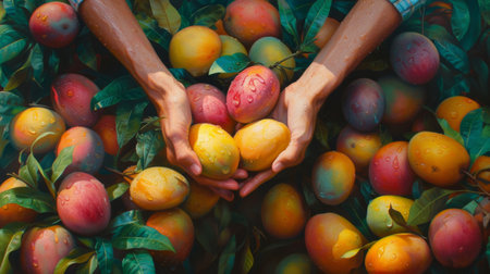 Amidst sun-drenched orchards, hands reach for ripe mangoes.の素材