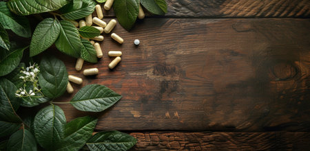 capsules and leaves laying on wooden table.の素材