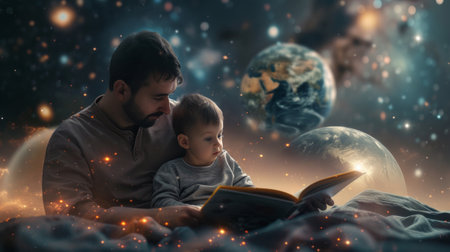 a parent sitting with their child, reading a book about space.の素材
