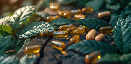 capsules and leaves laying on wooden table.の素材