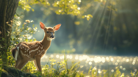 Capture the serenity of nature. a little deer peering out from the forest.の素材