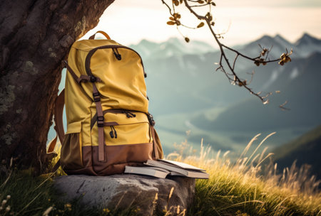 backpack sitting next to a tree near mountains.の素材