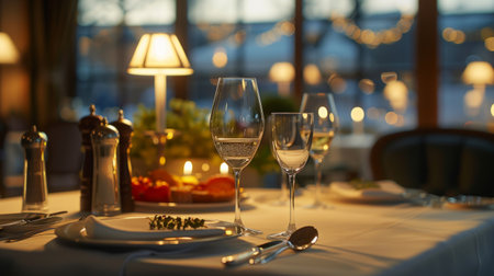 Indulge in an exquisite fine dining experience. elegant table setting.の素材