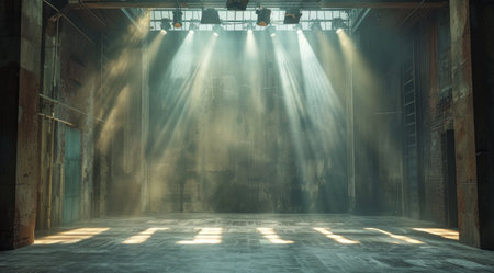 stage set with beams and spotlights in an empty auditorium.の素材