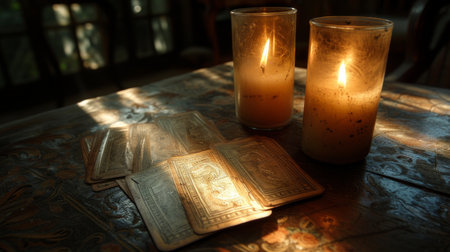 The flicker of candlelight casting shadows over a hand of cards, secrets in plain sight.の素材
