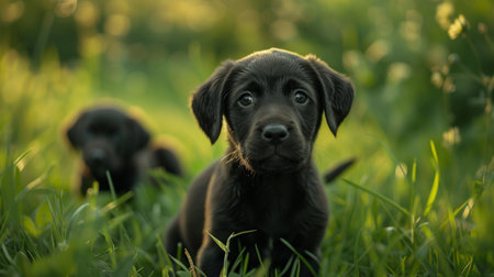 Labrador puppies are flowing through a green meadow. They are looking at the camera.の素材